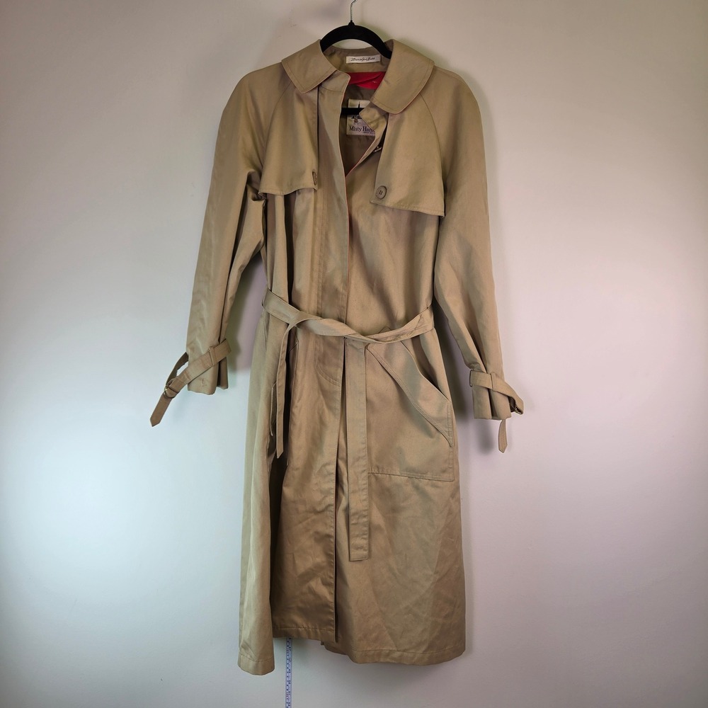 Misty Harbor Vintage Tan Trench Coat Red Lining Made in USA Belted Raincoat